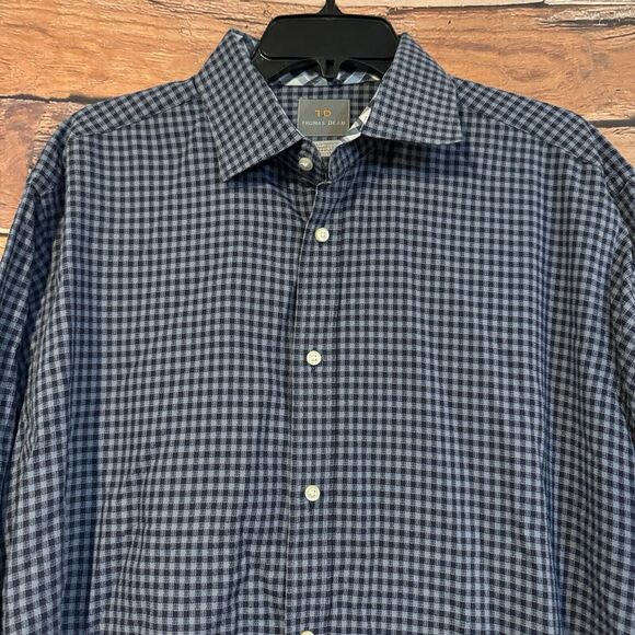 Thomas Dean Men's XL Blue Check Plaid Flip Cuff Long Sleeve Button Up Shirt - Picture 2 of 7